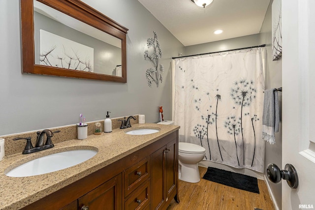 bathroom featuring double vanity, toilet, wood finished floors, and a sink