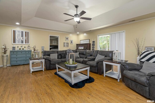 living area featuring ceiling fan, light wood-type flooring, a raised ceiling, and ornamental molding
