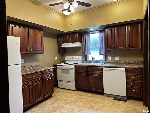 kitchen featuring a sink, white appliances, ornamental molding, a ceiling fan, and dark countertops