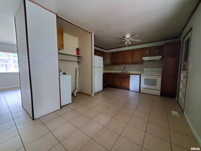 1027 W Laurel St, Carbondale, IL 62901 - kitchen with a sink, ceiling fan, white appliances, under cabinet range hood, and washer / clothes dryer