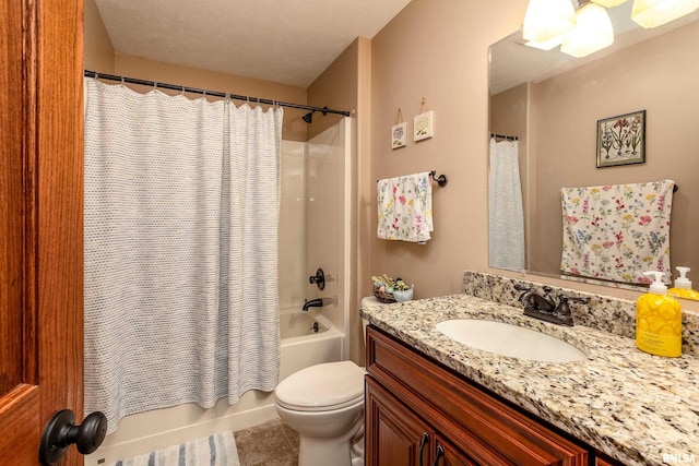 bathroom featuring toilet, tile patterned floors, vanity, and shower / bath combination with curtain