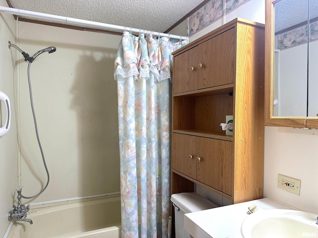 bathroom featuring toilet, vanity, a textured ceiling, and shower / bathtub combination with curtain