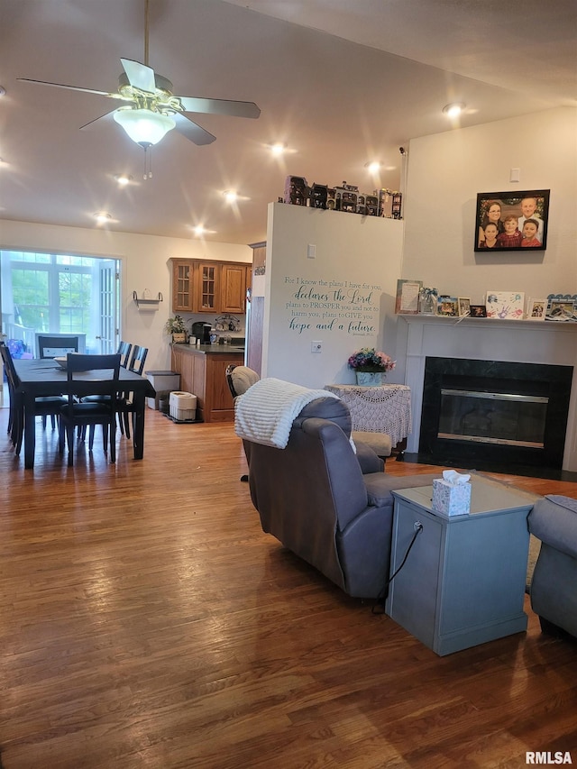 325 W N St, Dix, IL 62830 - living room featuring recessed lighting, wood finished floors, ceiling fan, and a glass covered fireplace