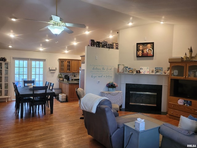 325 W N St, Dix, IL 62830 - living room featuring a fireplace with flush hearth, ceiling fan, and wood finished floors