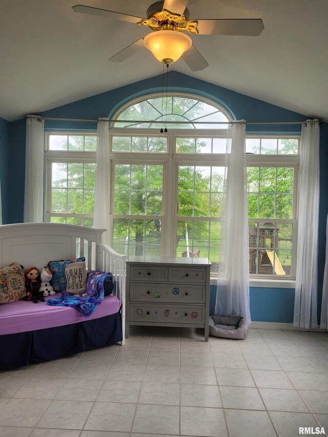 325 W N St, Dix, IL 62830 - tiled bedroom featuring vaulted ceiling and ceiling fan