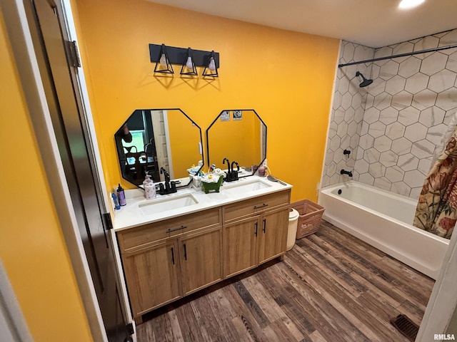 85 W State Highway 146, Golconda, IL 62938 - bathroom with shower / tub combo with curtain, double vanity, a sink, and wood finished floors