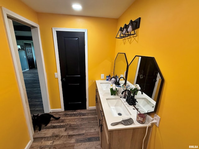 85 W State Highway 146, Golconda, IL 62938 - bathroom featuring double vanity, wood finished floors, baseboards, and a sink