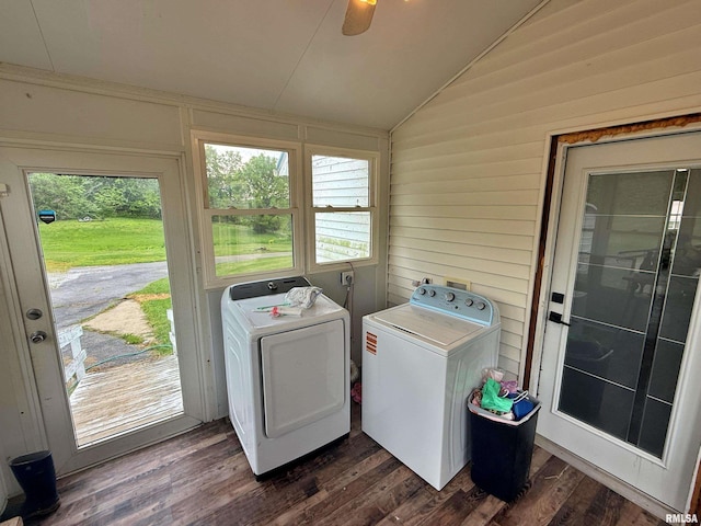 85 W State Highway 146, Golconda, IL 62938 - laundry area featuring washing machine and clothes dryer, dark wood-style flooring, laundry area, and a ceiling fan