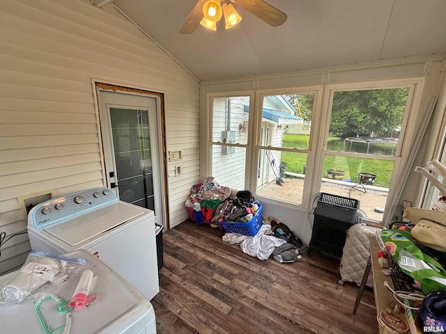85 W State Highway 146, Golconda, IL 62938 - laundry area featuring independent washer and dryer, ceiling fan, wood walls, wood finished floors, and laundry area