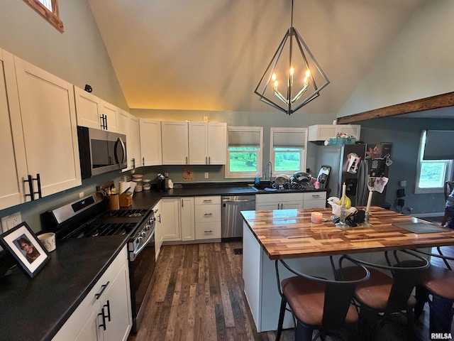 85 W State Highway 146, Golconda, IL 62938 - kitchen with butcher block countertops, stainless steel appliances, a breakfast bar area, and high vaulted ceiling