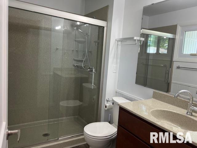 bathroom with toilet, vanity, and a stall shower