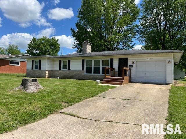 single story home with concrete driveway, an attached garage, a front lawn, and a chimney
