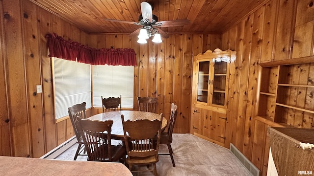 1908 E Oak St, West Frankfort, IL 62896 - dining area with a baseboard radiator, wood walls, visible vents, and wood ceiling