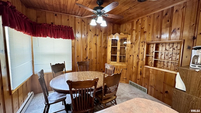 1908 E Oak St, West Frankfort, IL 62896 - dining room with wooden ceiling, visible vents, wood walls, and a baseboard heating unit