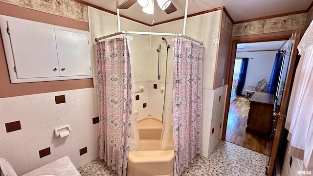 1908 E Oak St, West Frankfort, IL 62896 - ensuite bathroom with tile walls, ensuite bathroom, ceiling fan, crown molding, and a wainscoted wall