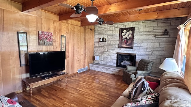 1908 E Oak St, West Frankfort, IL 62896 - living area featuring wood ceiling, visible vents, wood finished floors, and a fireplace
