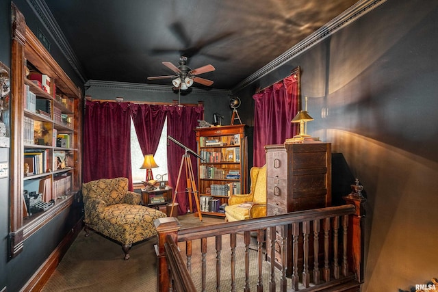 301 W High St, Anna, IL 62906 - living area with carpet, a ceiling fan, crown molding, and an upstairs landing