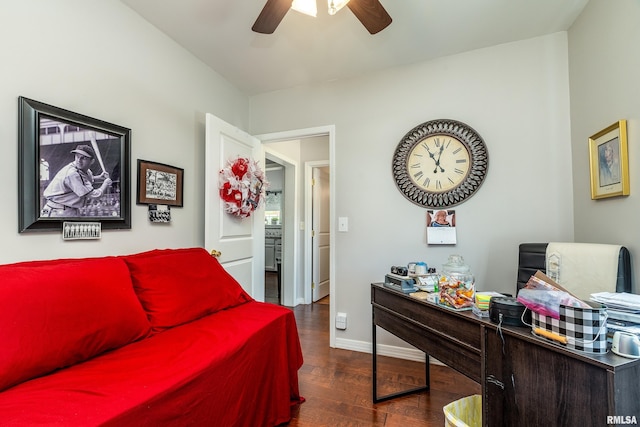 bedroom with wood finished floors, a desk, baseboards, and a ceiling fan