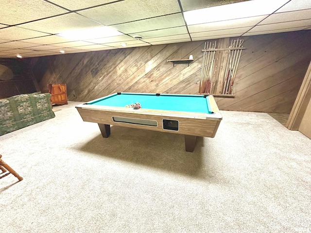 7 Lakewood Dr, Centralia, IL 62801 - rec room featuring carpet floors, a paneled ceiling, billiards table, and wooden walls
