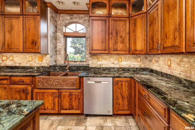 500 Swink Ln, Jonesboro, IL 62952 - kitchen featuring dishwasher, backsplash, dark stone counters, and brown cabinetry