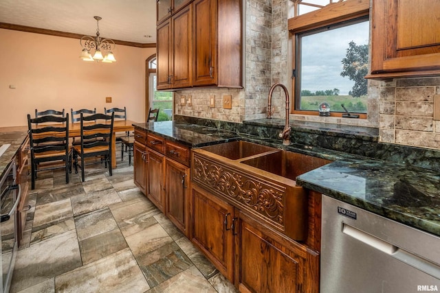 500 Swink Ln, Jonesboro, IL 62952 - kitchen with dishwasher, decorative backsplash, crown molding, a sink, and a chandelier