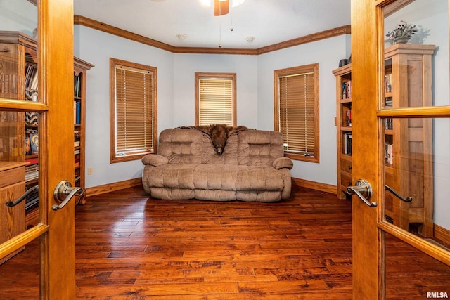 500 Swink Ln, Jonesboro, IL 62952 - living area with hardwood / wood-style flooring, baseboards, ornamental molding, and a ceiling fan