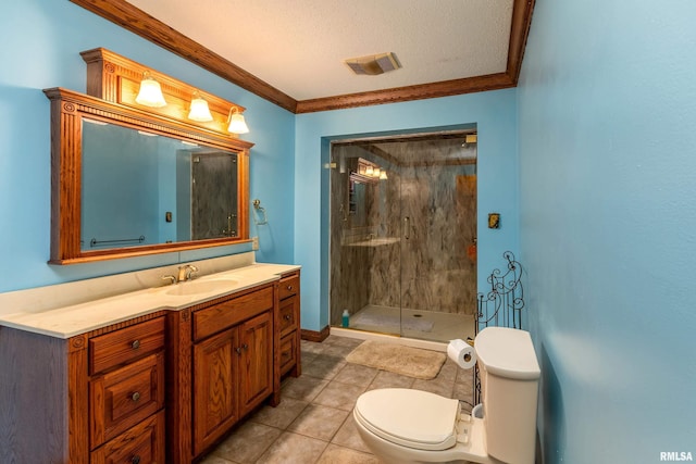 500 Swink Ln, Jonesboro, IL 62952 - full bathroom featuring a shower stall, toilet, ornamental molding, a textured ceiling, and tile patterned flooring