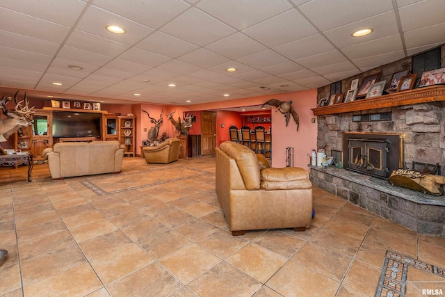 500 Swink Ln, Jonesboro, IL 62952 - tiled living area featuring a drop ceiling, recessed lighting, and a fireplace