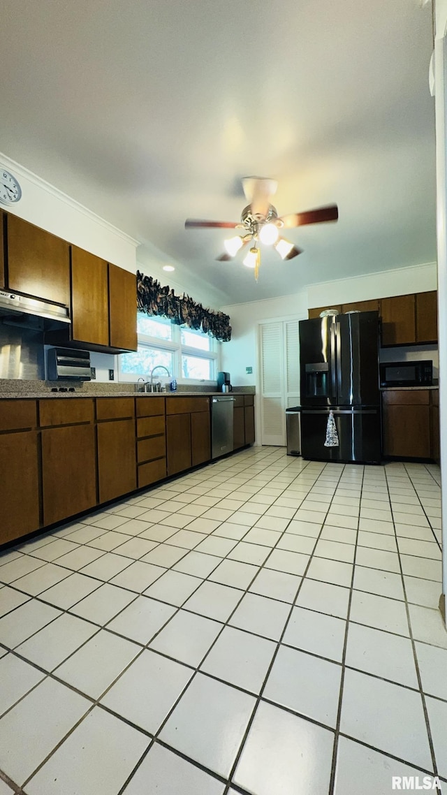 15048 State Highway 14, Benton, IL 62812 - kitchen featuring black fridge, dishwasher, a ceiling fan, ventilation hood, and light tile patterned flooring