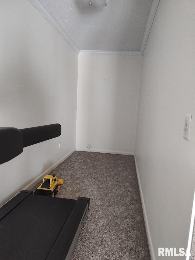 workout room with crown molding, carpet, and baseboards