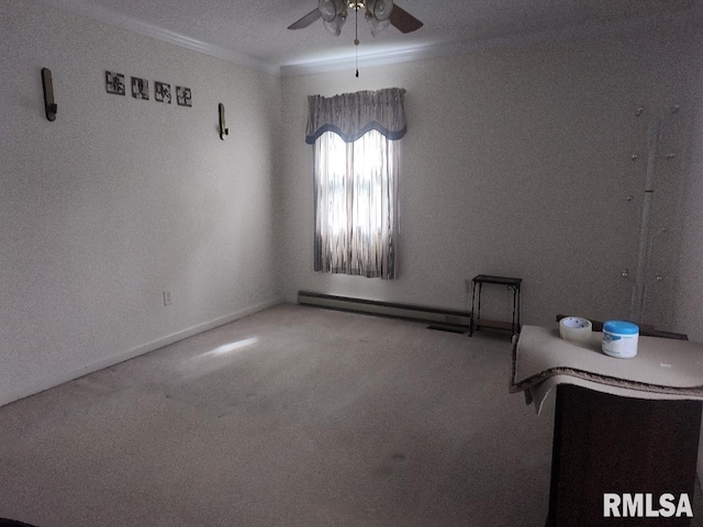 unfurnished room featuring ceiling fan, carpet flooring, baseboard heating, and baseboards