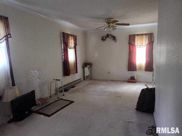 unfurnished room with ornamental molding, a ceiling fan, and carpet