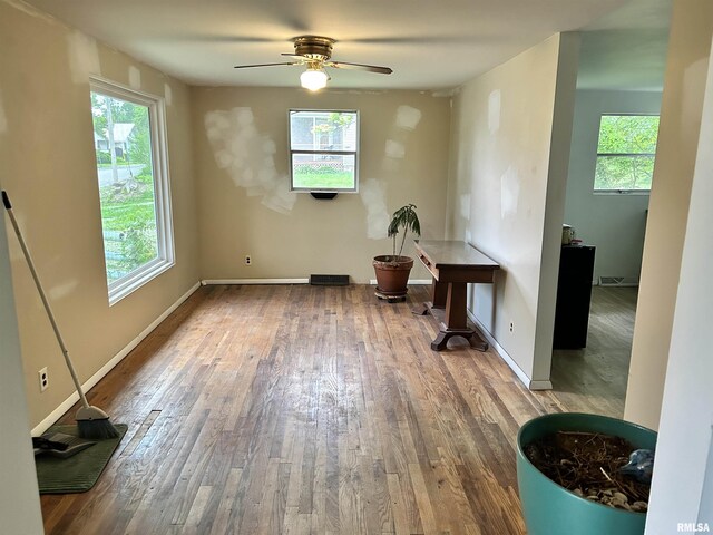 104 W Maple St, Cobden, IL 62920 - unfurnished dining area featuring hardwood / wood-style flooring, ceiling fan, and baseboards