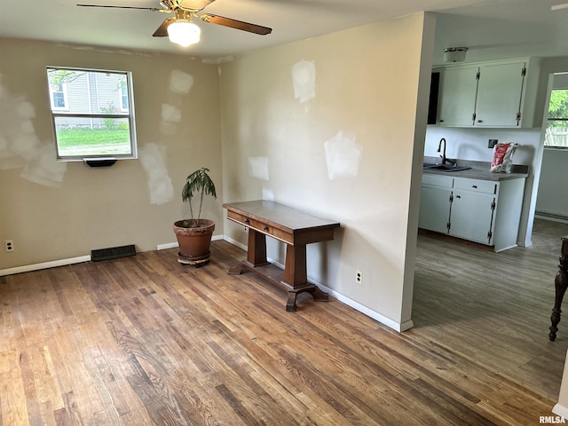 104 W Maple St, Cobden, IL 62920 - unfurnished dining area featuring a sink, a ceiling fan, wood finished floors, and baseboards