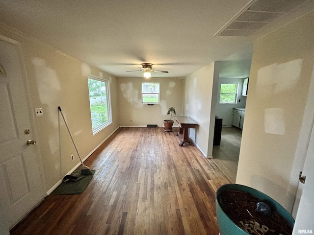 104 W Maple St, Cobden, IL 62920 - unfurnished living room with wood finished floors, plenty of natural light, a ceiling fan, and baseboards