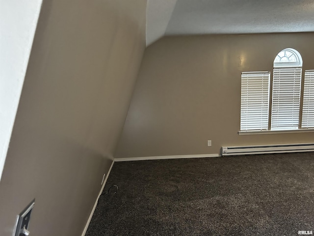 11729 Kevin Ln, Carterville, IL 62918 - carpeted empty room featuring a baseboard radiator, vaulted ceiling, and baseboards