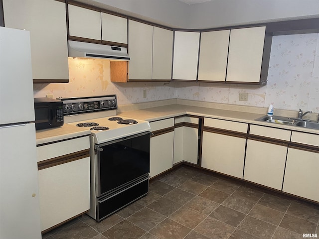 11729 Kevin Ln, Carterville, IL 62918 - kitchen with range with electric stovetop, freestanding refrigerator, under cabinet range hood, a sink, and black microwave