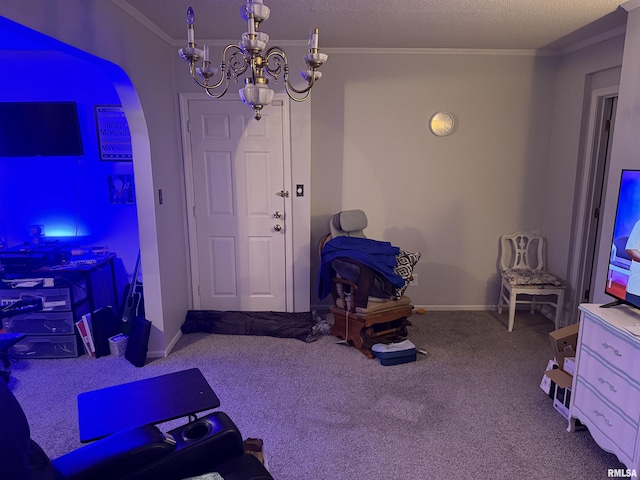 11729 Kevin Ln, Carterville, IL 62918 - interior space featuring ornamental molding, carpet, arched walkways, baseboards, and a chandelier