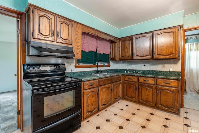 1104 Barham Ave, Johnston City, IL 62951 - kitchen with black range with electric cooktop, under cabinet range hood, a sink, and brown cabinetry