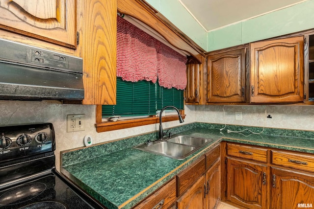 1104 Barham Ave, Johnston City, IL 62951 - kitchen featuring black range with electric stovetop, a sink, dark countertops, brown cabinetry, and ventilation hood