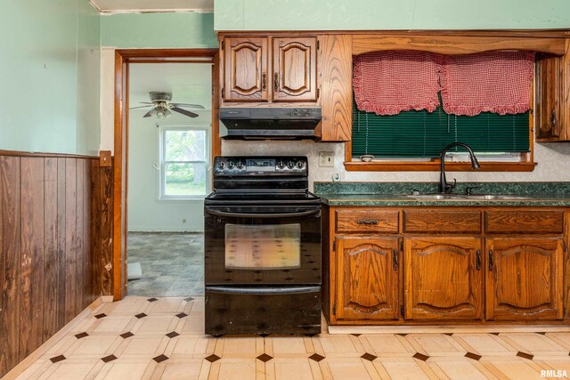 1104 Barham Ave, Johnston City, IL 62951 - kitchen with black range with electric cooktop, a sink, under cabinet range hood, dark countertops, and wood walls