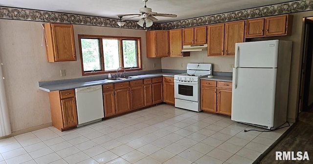 90 Carlock Rd, Murphysboro, IL 62966 - kitchen featuring white appliances, a sink, under cabinet range hood, a ceiling fan, and brown cabinetry