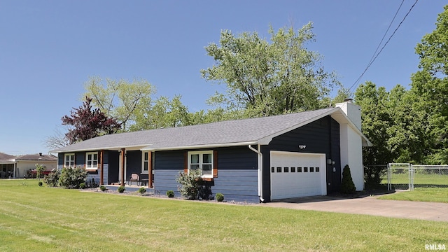 view of front of property featuring covered porch, a chimney, an attached garage, and concrete driveway