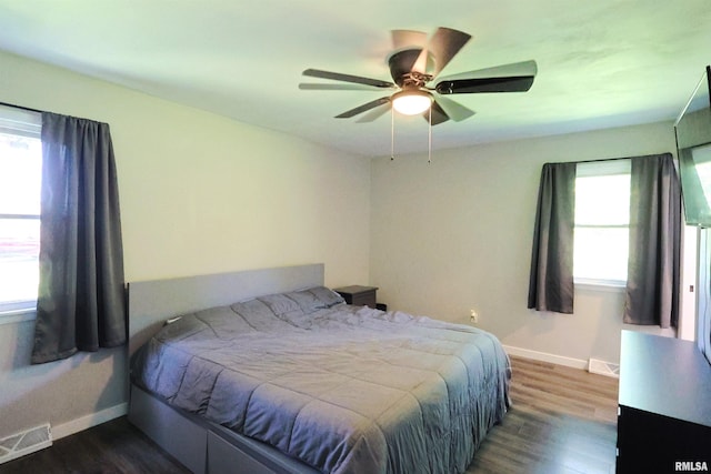 bedroom with wood finished floors, multiple windows, and baseboards