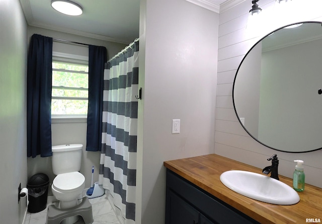 bathroom with ornamental molding, vanity, marble look tiles, toilet, and curtained shower