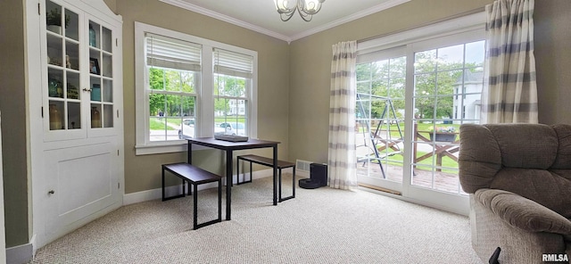 401 E 5th St, Mount Carmel, IL 62863 - doorway with carpet floors, crown molding, a chandelier, and baseboards
