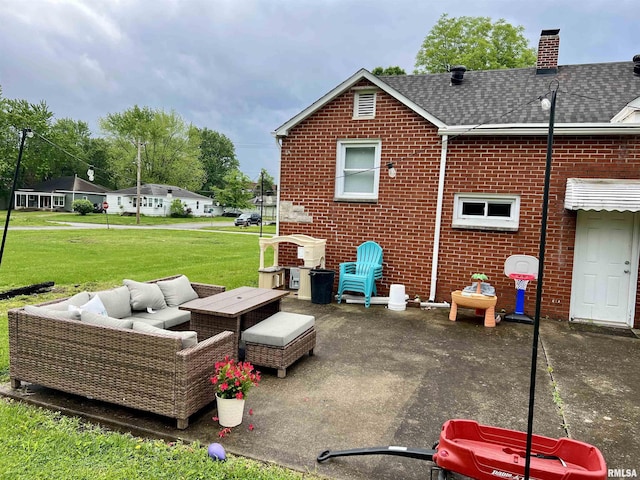 405 E Saint Louis St, West Frankfort, IL 62896 - back of property with brick siding, a yard, a patio, a chimney, and roof with shingles