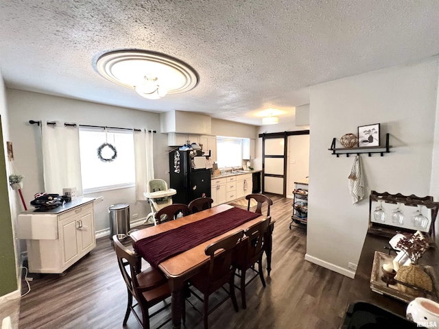405 E Saint Louis St, West Frankfort, IL 62896 - dining area featuring a barn door, dark wood-style flooring, a textured ceiling, and baseboards