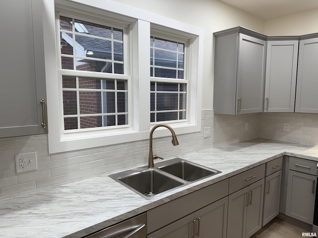 920 E 3rd St, Centralia, IL 62801 - kitchen with gray cabinets, a sink, and decorative backsplash