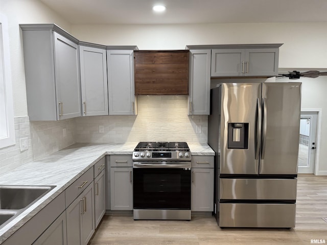 920 E 3rd St, Centralia, IL 62801 - kitchen with appliances with stainless steel finishes, gray cabinets, backsplash, light countertops, and recessed lighting